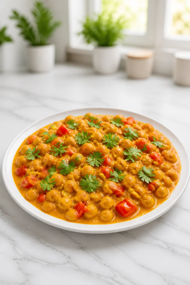 Spicy Coconut Milk Chickpea Curry served in a bowl with fresh herbs