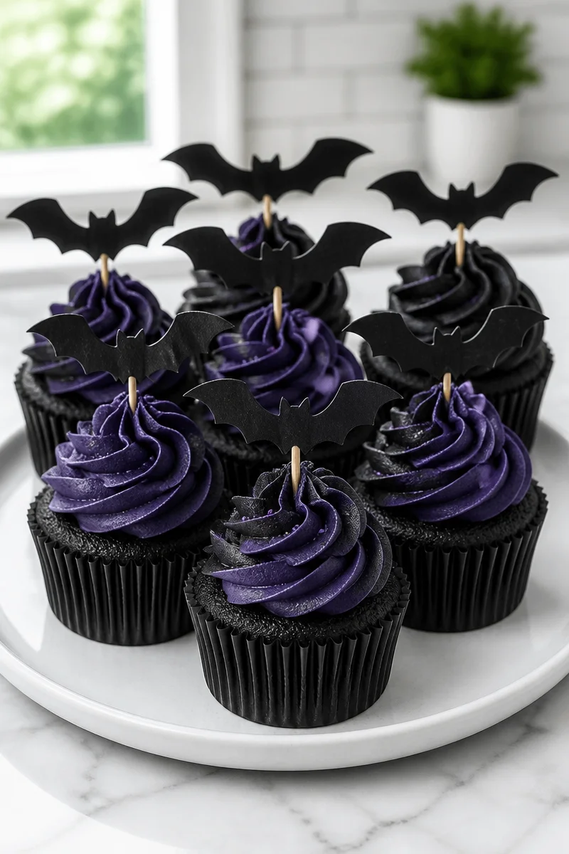 Spooky black velvet bat wing Halloween cupcake dessert