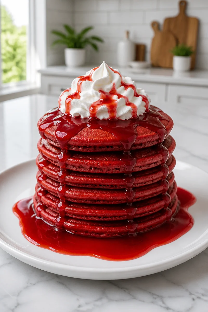 Spooky blood red velvet fluffy Halloween pancake stacked with syrup.