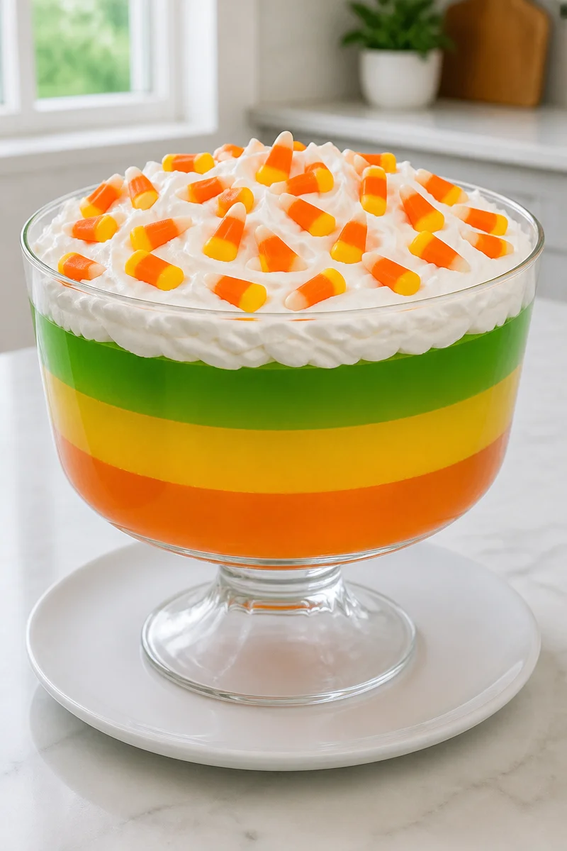 Spooky candy corn layered jello Halloween treat served in cups