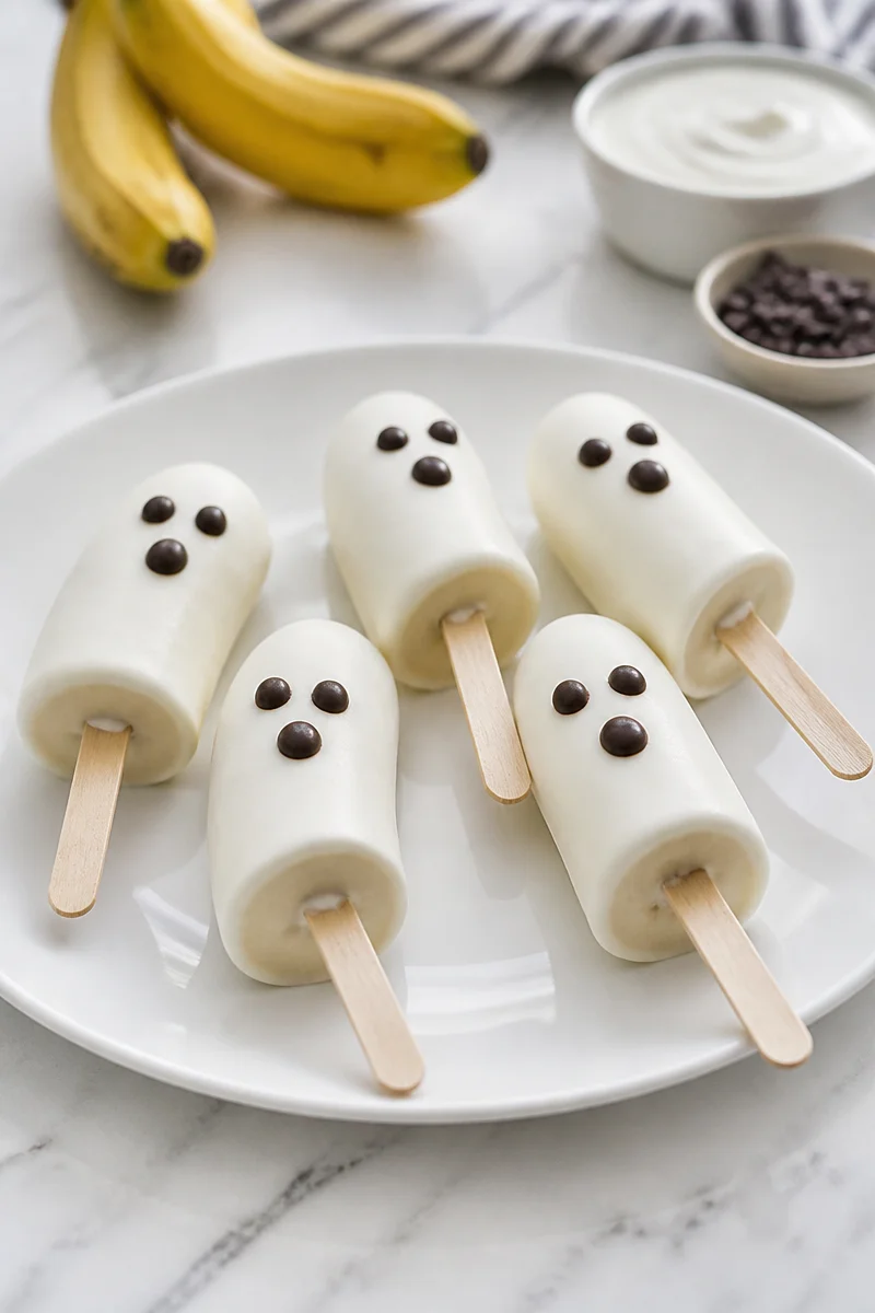 Spooky ghost-shaped banana yogurt pops for Halloween