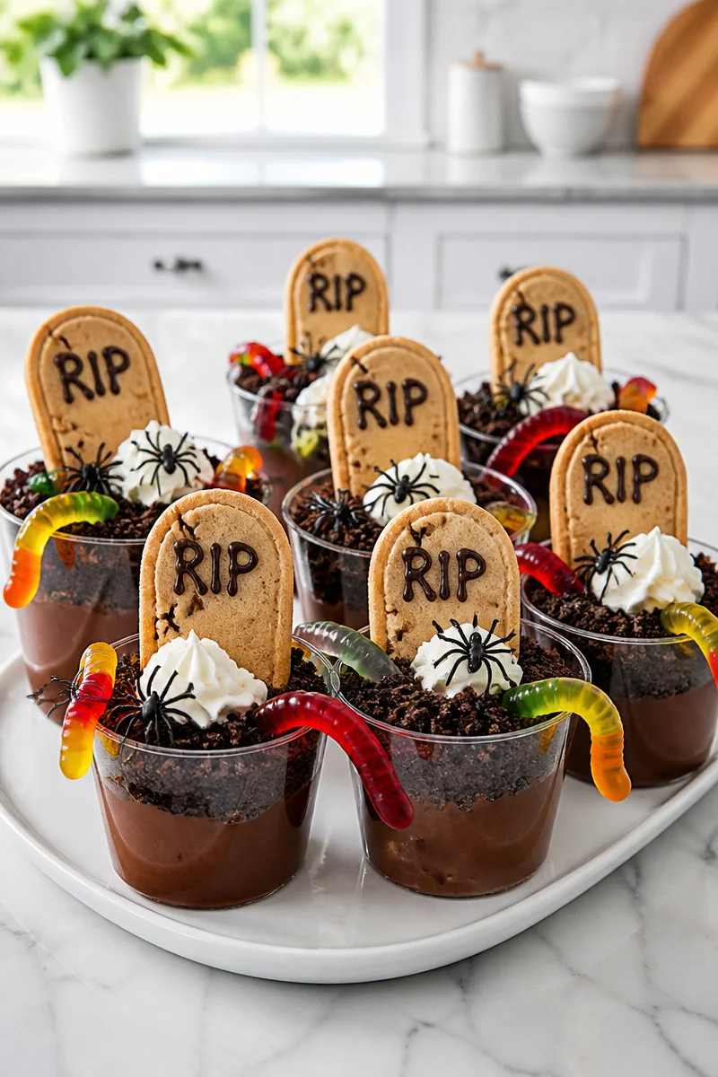 Spooky Graveyard Chocolate Pudding Cup Halloween Dessert with eerie decorations
