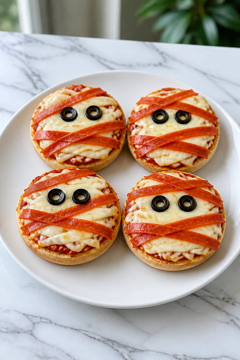 Spooky mummy face English muffin Halloween pizza for a festive treat