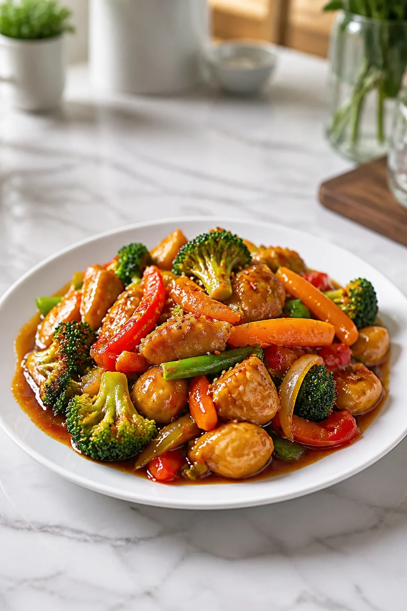 Bowl of sweet and spicy orange ginger stir fry sauce on a table.