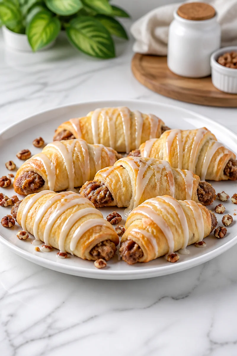 Sweet pecan and cinnamon stuffed crescent roll on a plate