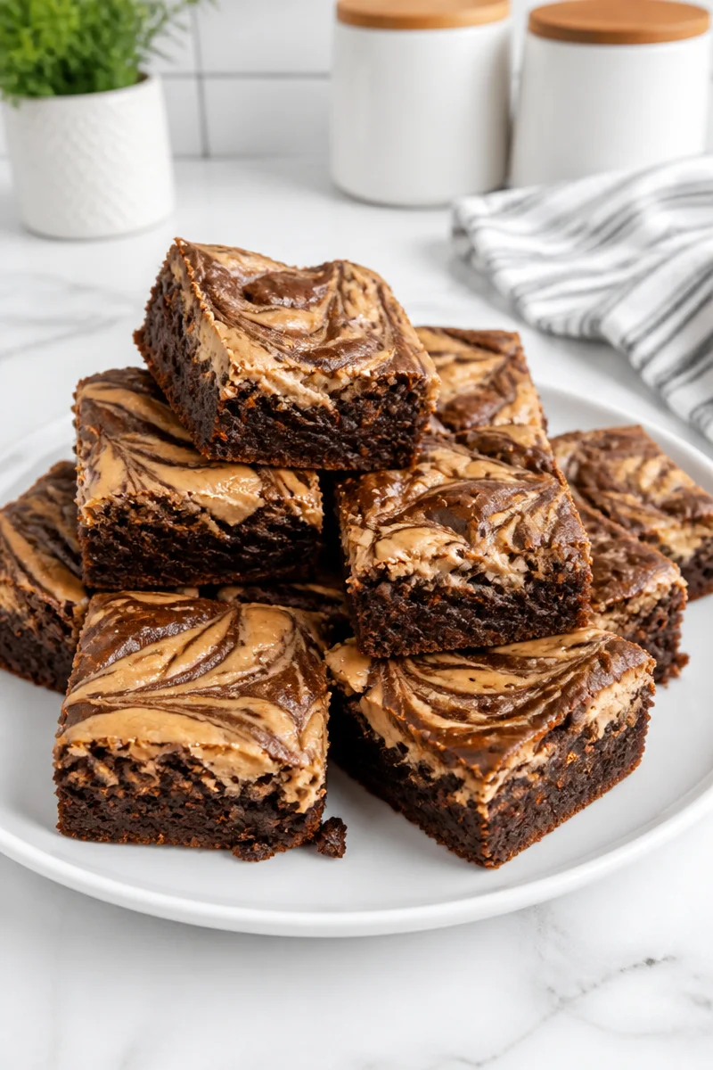 Swirled peanut butter cream cheese brownie dessert topped with chocolate drizzle
