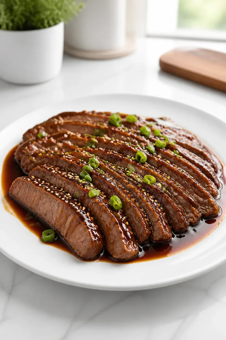 Tender Slow Cooker Mongolian Flank Steak garnished with herbs on a plate.
