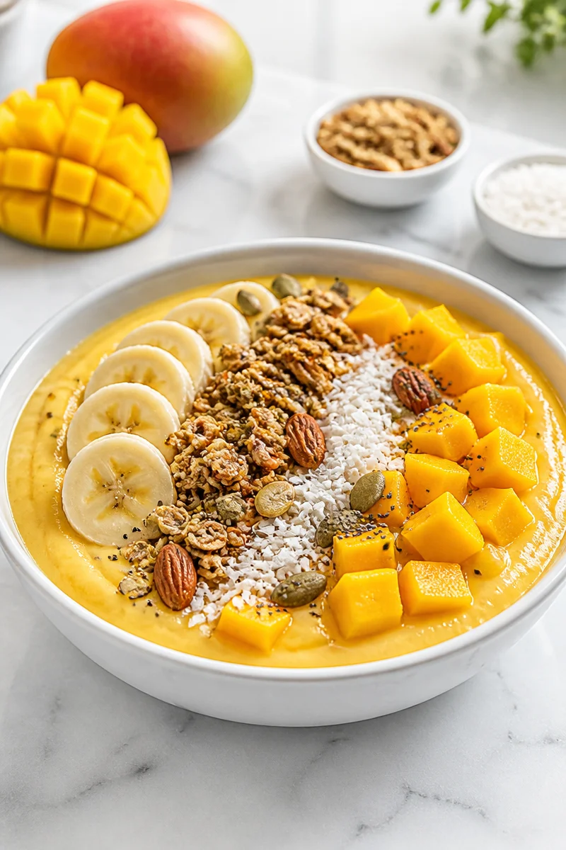 Tropical Mango Coconut Smoothie Bowl topped with fresh fruit and coconut flakes
