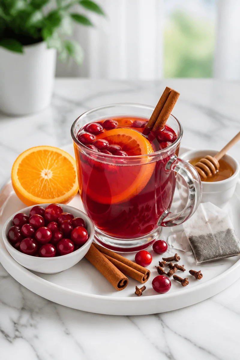 Warm spiced cranberry and orange tea drink in a cozy setting