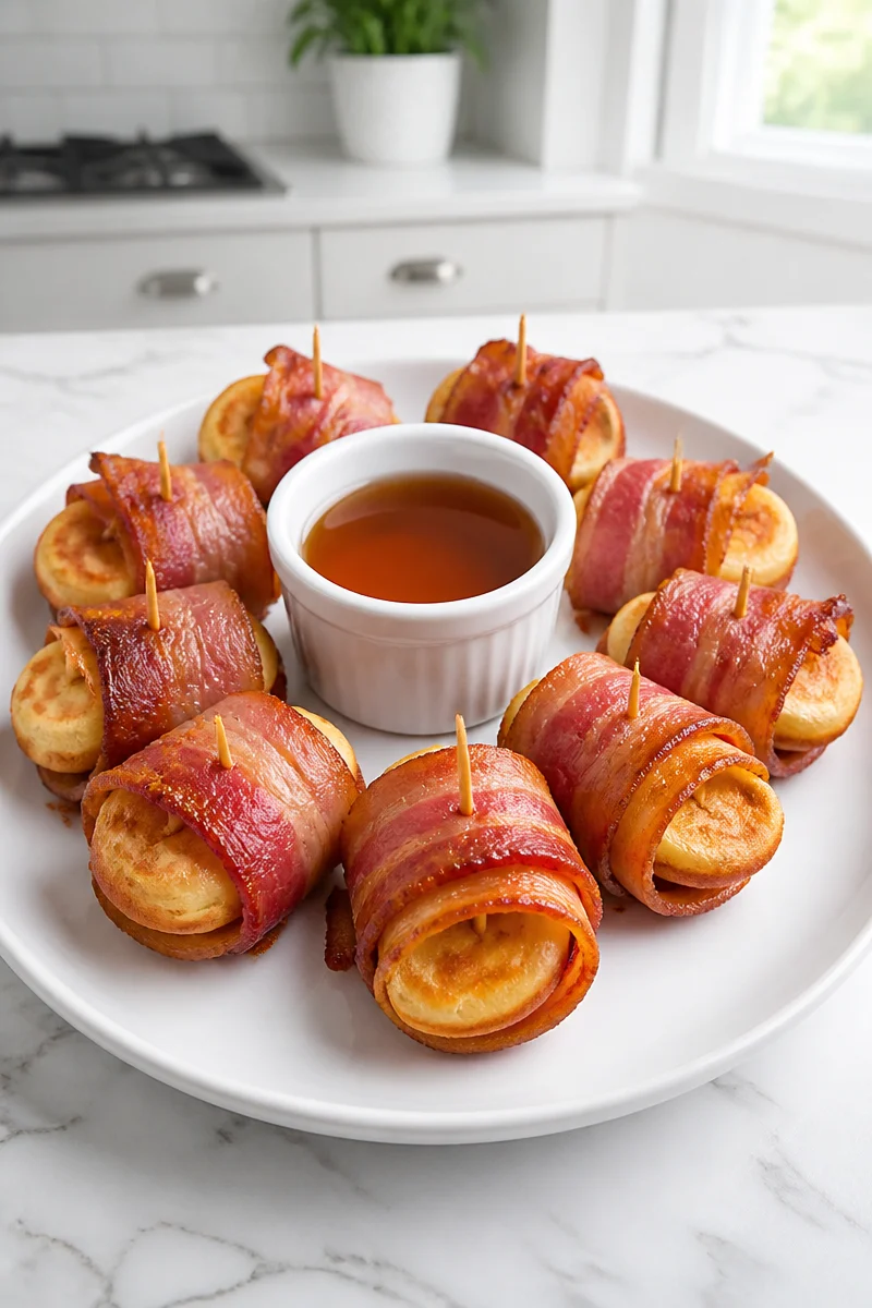 Bacon wrapped breakfast pancake sticks on a plate, drizzled with syrup.