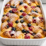 Blueberry Raspberry Croissant Puff Casserole baked to perfection with soft croissants.