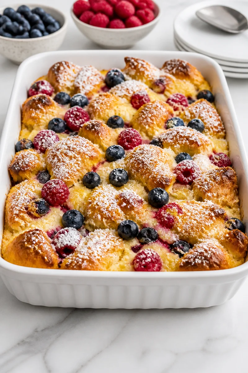Blueberry Raspberry Croissant Puff Casserole baked to perfection with soft croissants.