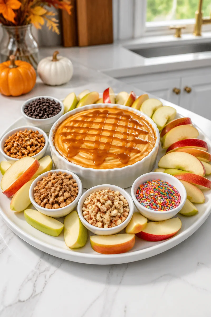 Caramel apple dip toppings bar with various delicious toppings for a party
