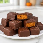Bite-sized chocolate covered pumpkin bar, perfect for fall treats