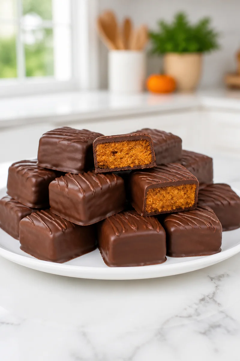 Bite-sized chocolate covered pumpkin bar, perfect for fall treats