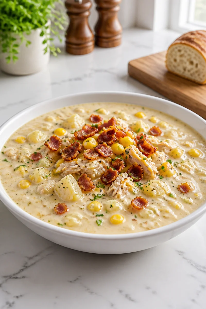 Creamy chicken corn chowder with bacon served in a bowl