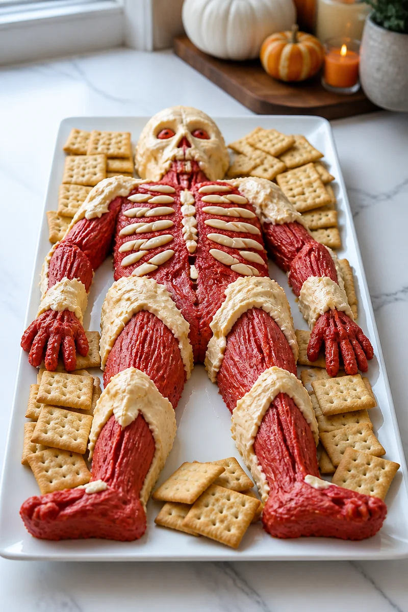 Flayed Man Halloween cheese ball served on a platter with spooky decorations