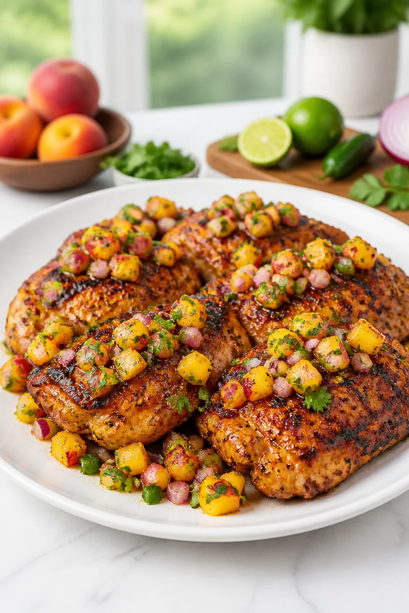 Grilled chicken thighs with vibrant peach salsa served on a plate