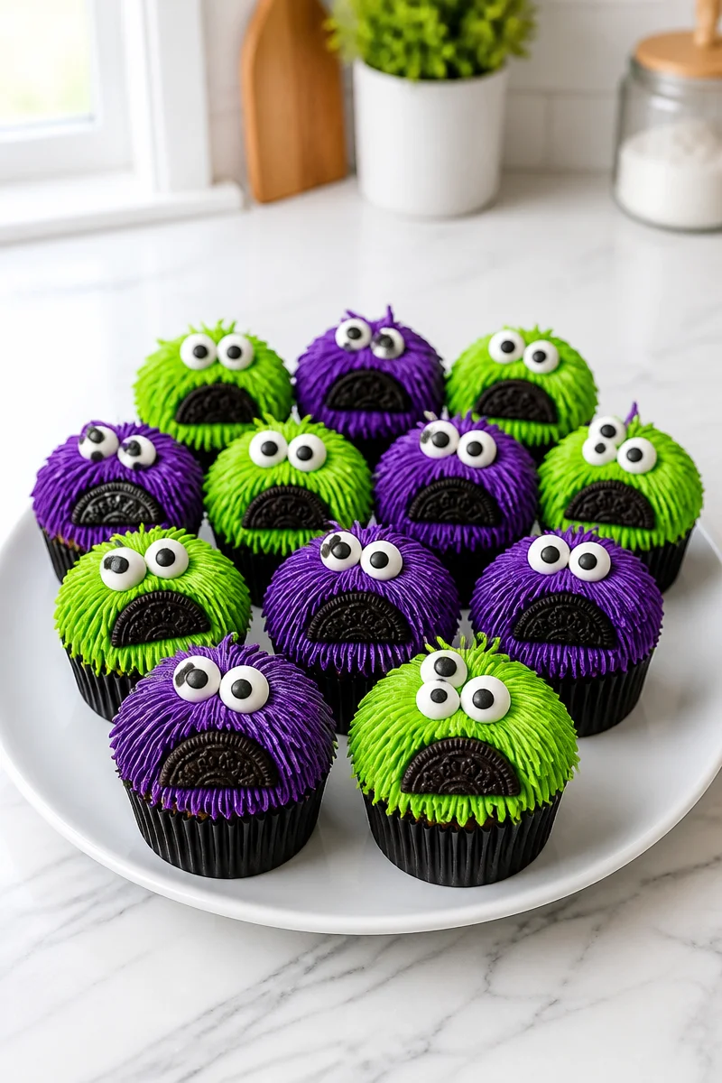 Halloween Monster Fur Frosted Cupcake decorated with colorful frostings
