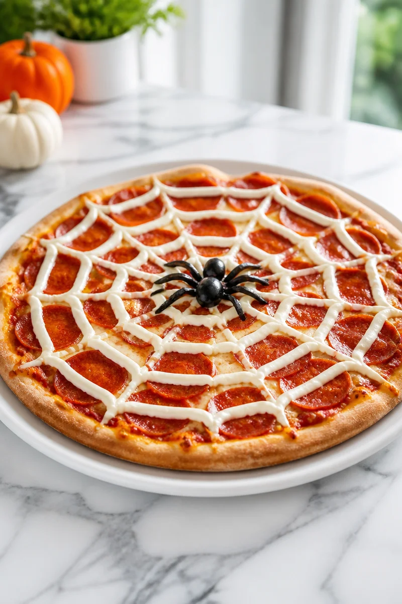 Haunted Spiderweb Pizza served at a family dinner with Halloween decorations.