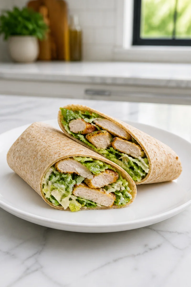 Healthy grilled chicken caesar wrap with fresh vegetables and Caesar dressing