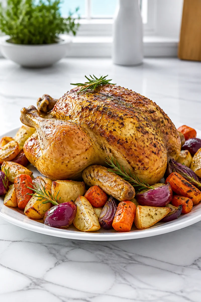 Herb roasted chicken served with roasted root vegetables on a pan.