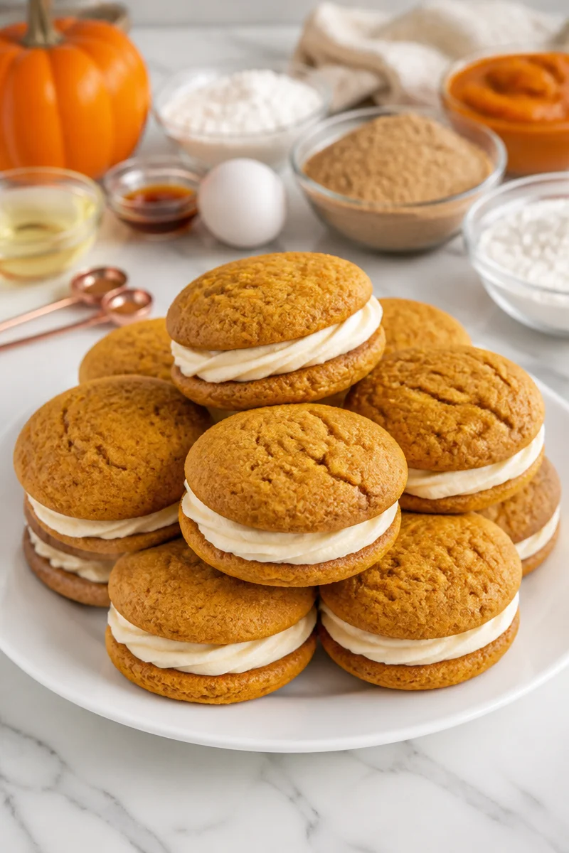 Maple pumpkin whoopie pie with cream filling on a decorative plate
