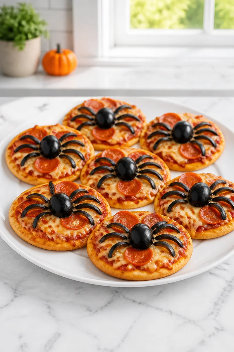 Mini Spider Pizza with black olive legs, perfect for Halloween or kids' parties.