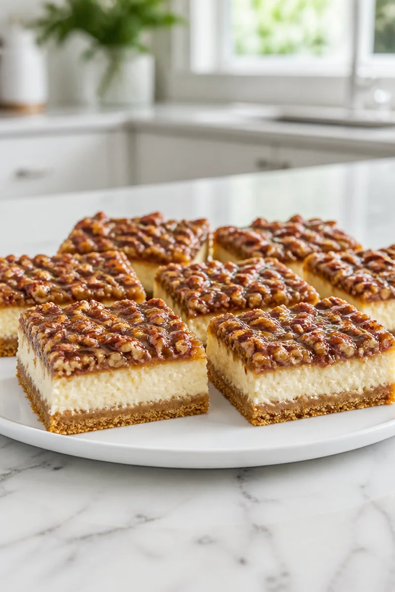 Delicious pecan pie cheesecake bars with graham cracker crust