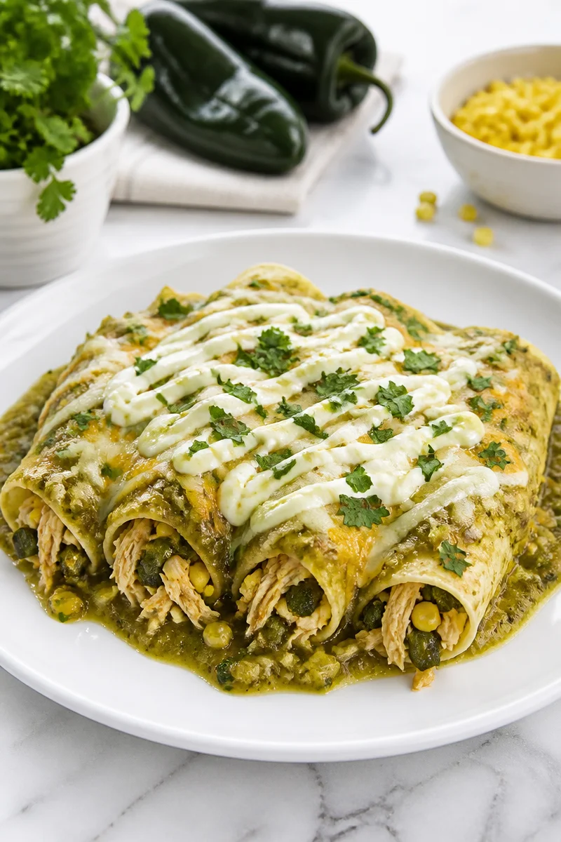 Roasted Poblano Corn Chicken Enchilada topped with fresh cilantro and cheese