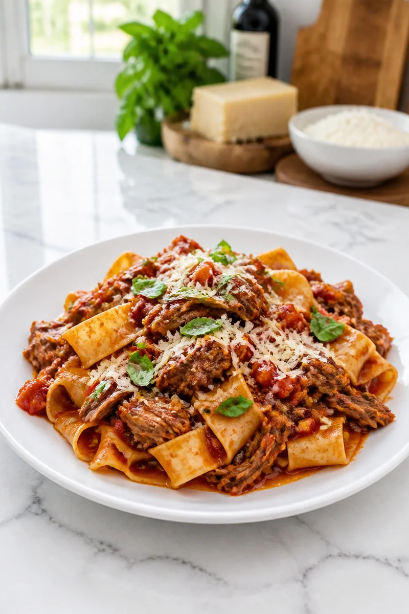 Slow cooker beef ragu served over pappardelle pasta in a bowl