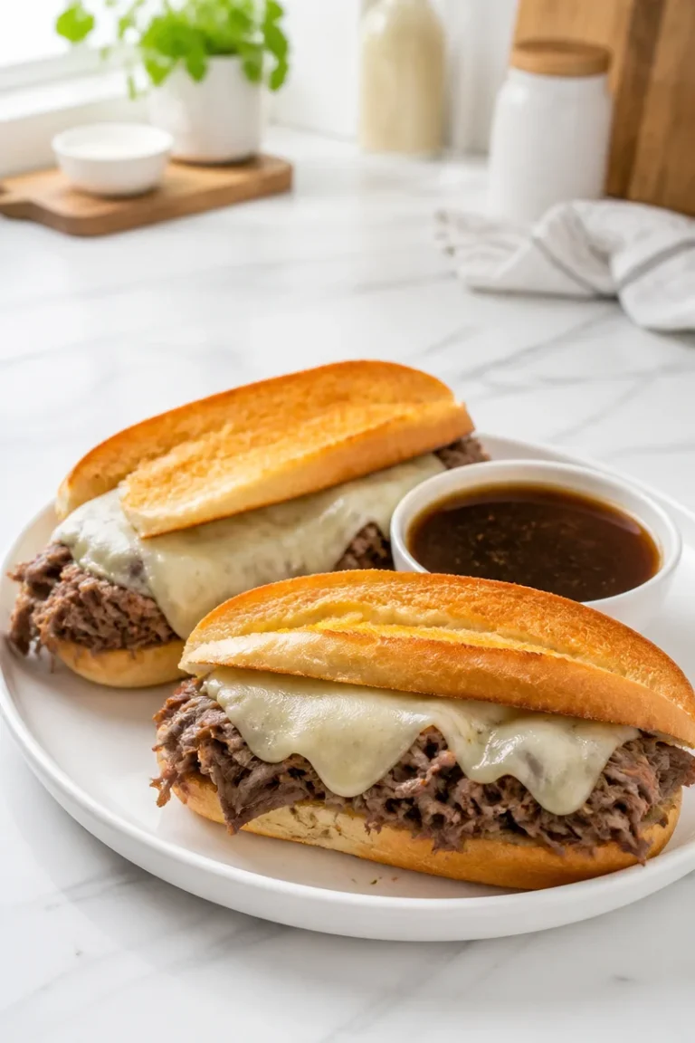 Delicious Slow Cooker French Dip Sandwich with beef and au jus
