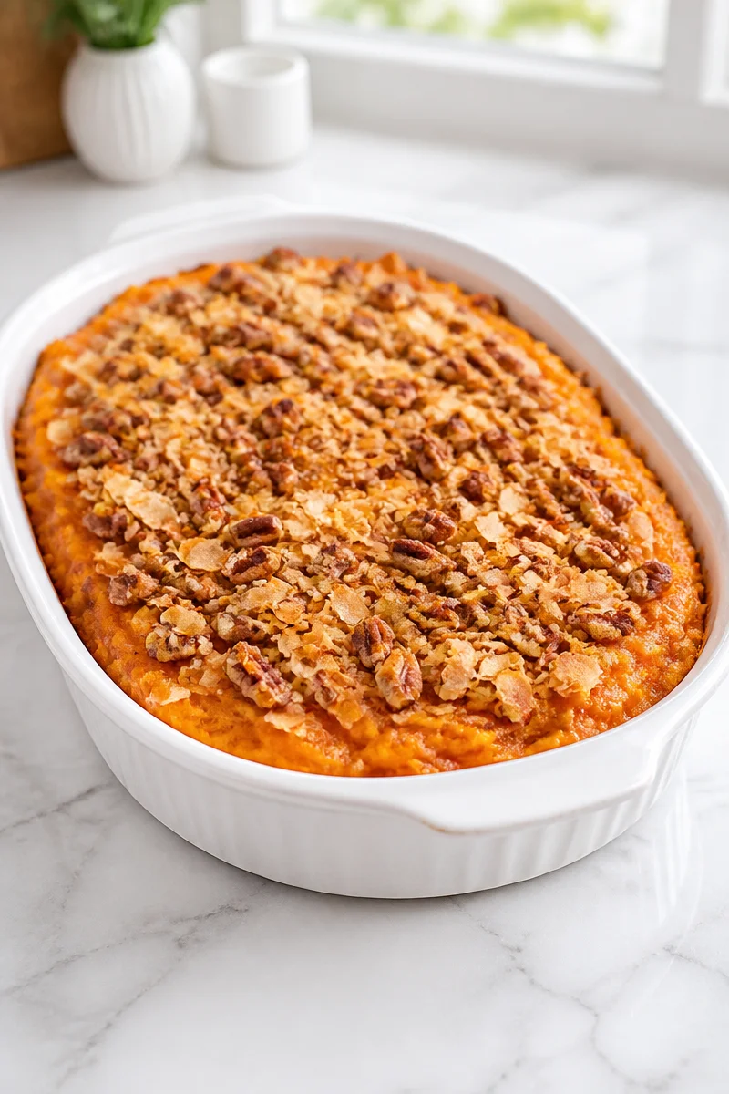 Toasted Coconut Sweet Potato Casserole topped with coconut flakes and pecans