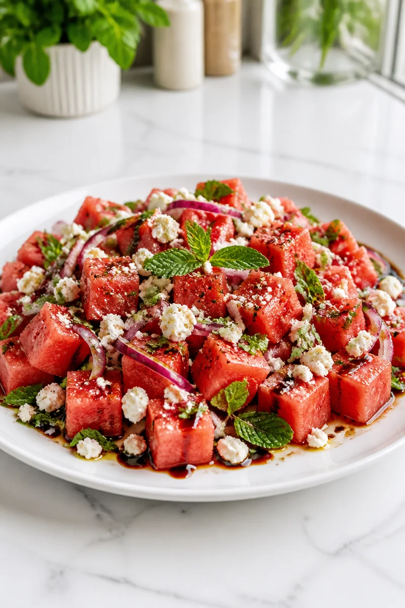 Refreshing watermelon feta mint salad featuring vibrant colors and fresh ingredients.