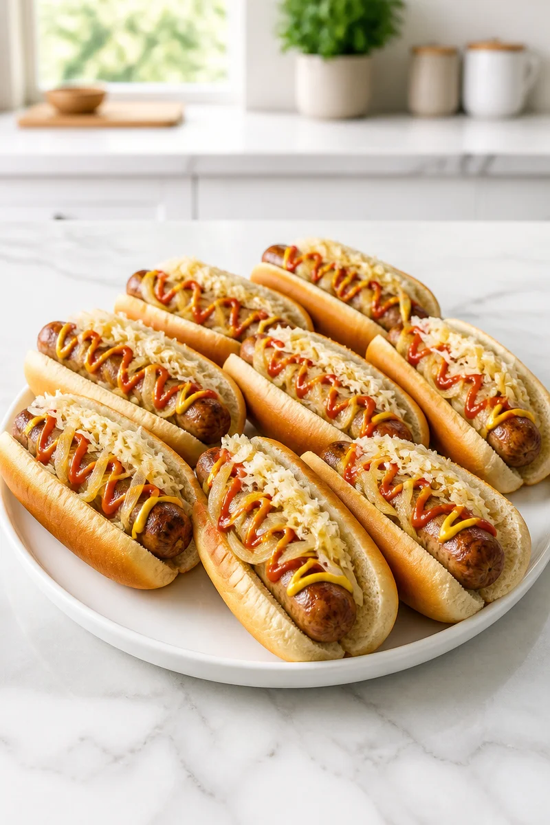 Beer simmered grilled bratwurst with onions on a serving plate