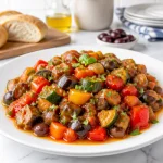 A colorful bowl of classic French Ratatouille vegetable stew, showcasing vibrant vegetables.