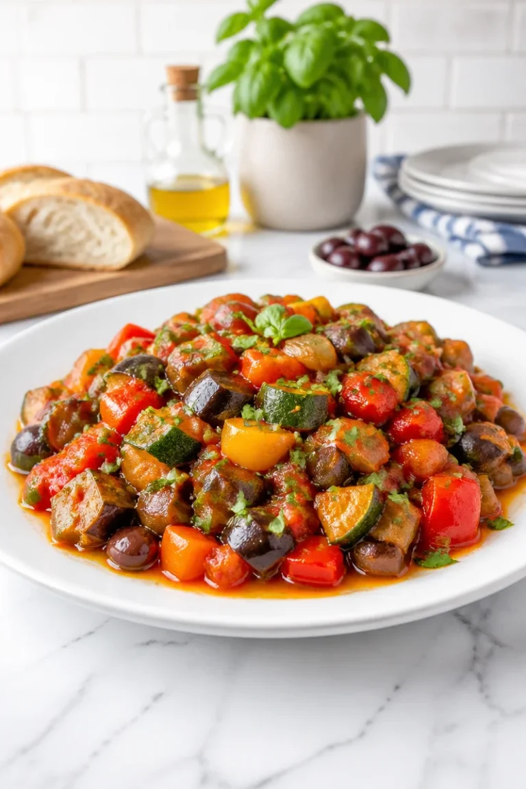 A colorful bowl of classic French Ratatouille vegetable stew, showcasing vibrant vegetables.