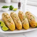 Delicious creamy Cotija Mexican street corn elote topped with spices and lime.