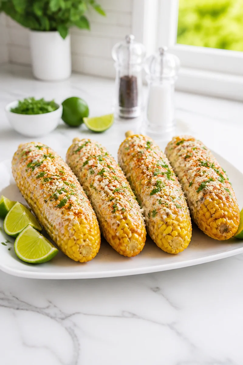 Delicious creamy Cotija Mexican street corn elote topped with spices and lime.