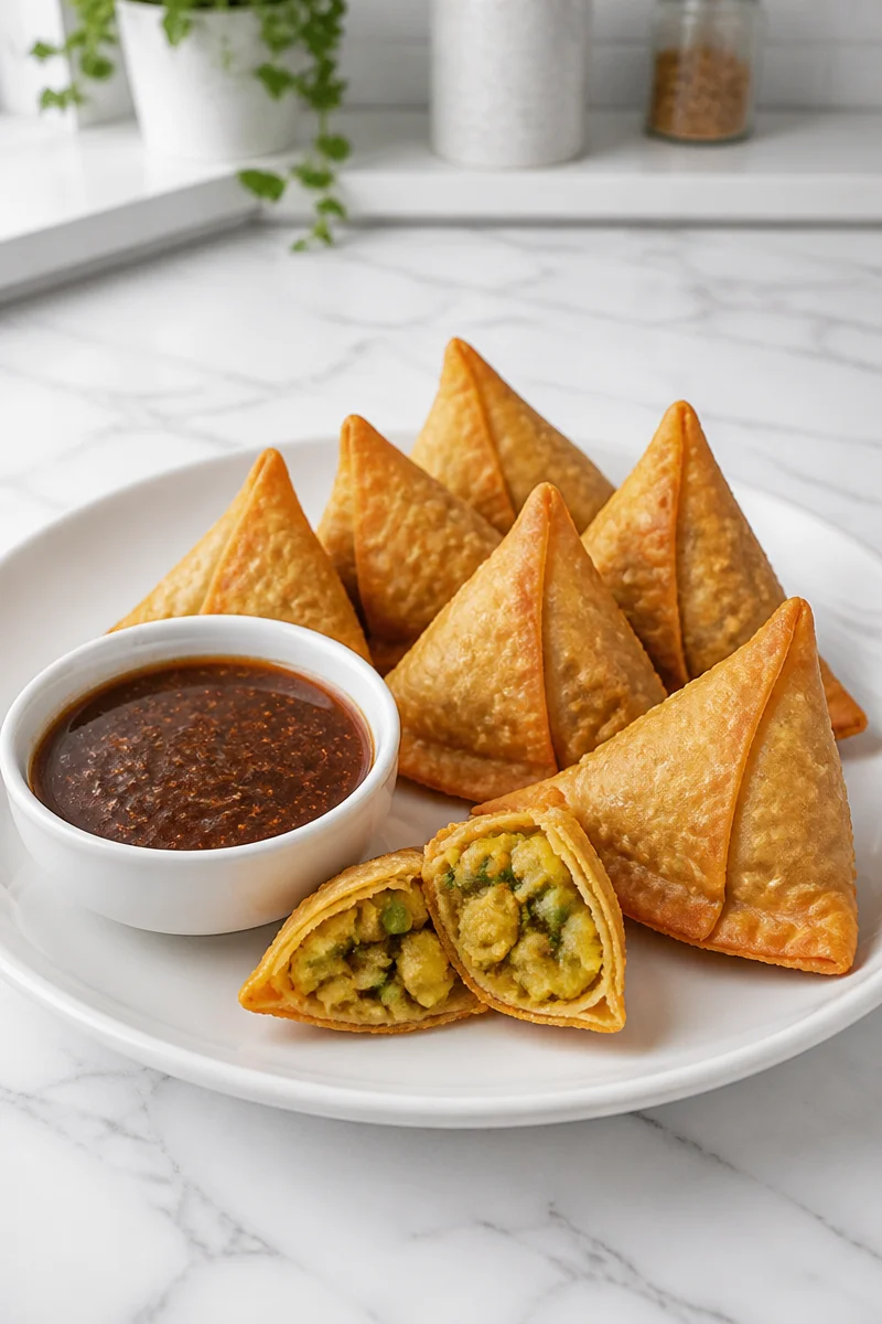 Crispy potato samosa served with tamarind dip on a plate.