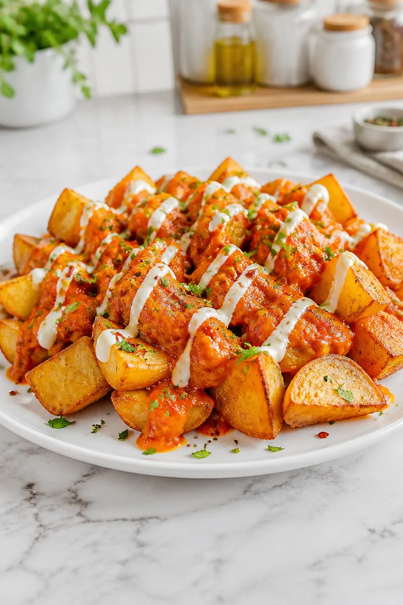 Crispy Spanish Patatas Bravas served with spicy sauce