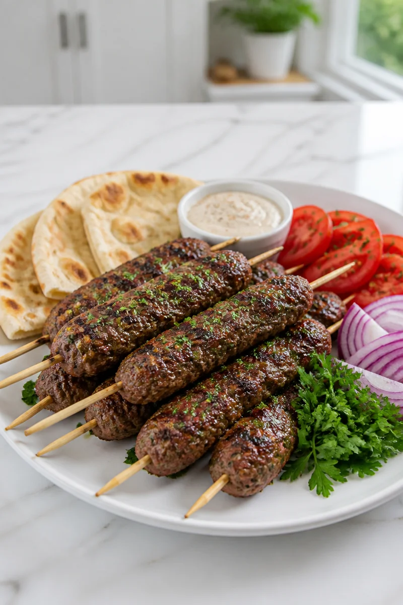 Grilled beef and lamb kofta kebabs served with fresh herbs and spices