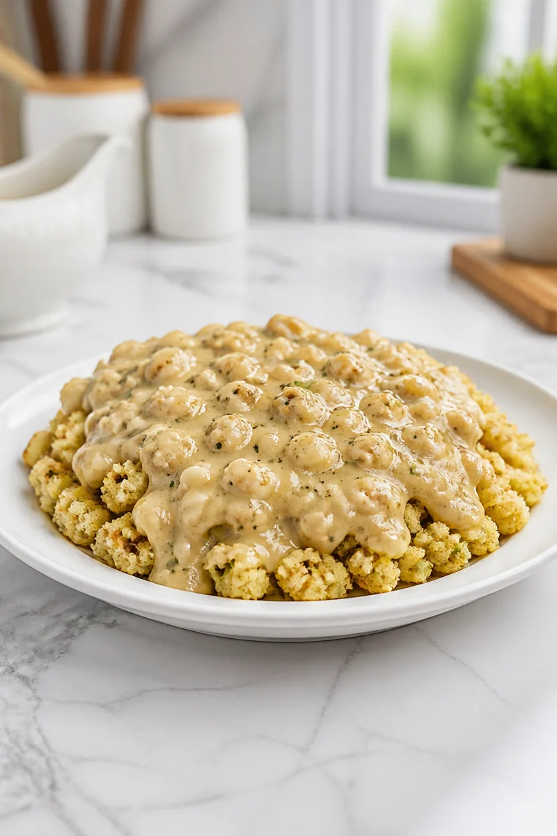 Homestyle turkey giblet gravy served over dressing for a festive meal.