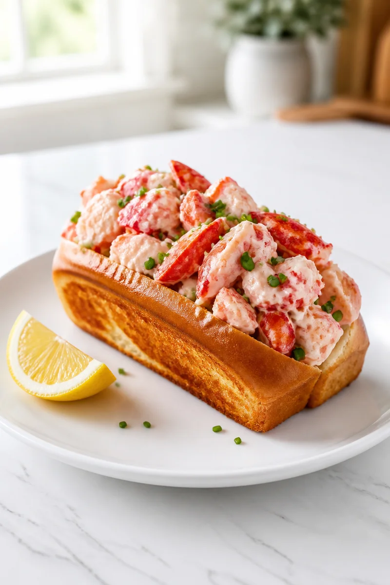 Delicious Maine style lobster rolls garnished with chives on a plate.