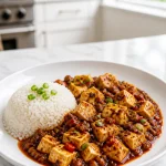 Delicious Sichuan Mapo Tofu with pork served in a traditional bowl.
