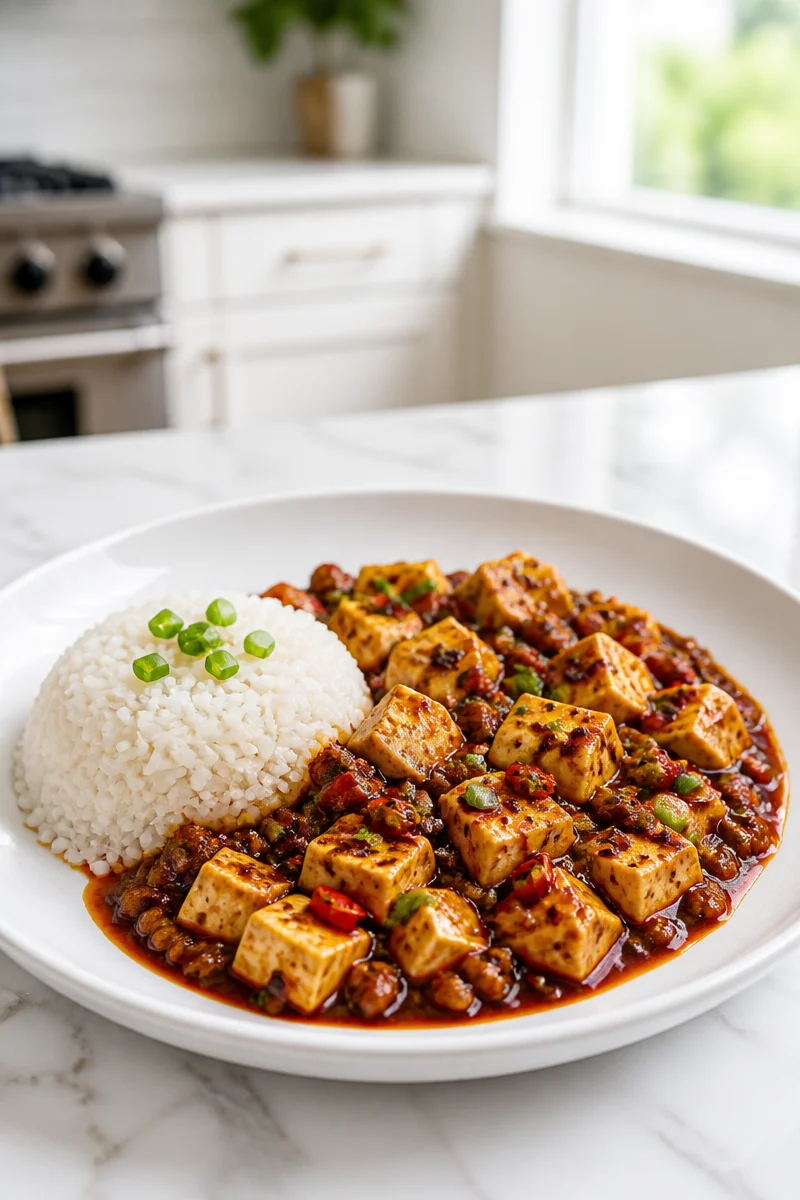 Delicious Sichuan Mapo Tofu with pork served in a traditional bowl.